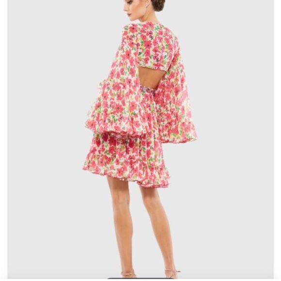 Mac Duggal 9158 Floral Chiffon Bell Sleeve Ruffle Mini Cocktail Dress | Size 2 - Picture 3 of 13